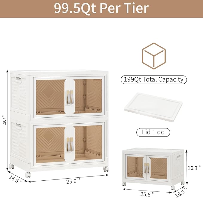 Large Clear Stackable Storage Bins with Lids, 199QT-99.5QT*2Tier Foldable Cabinet for Closet Organizers, Plastic Storage Box with Wheels White
