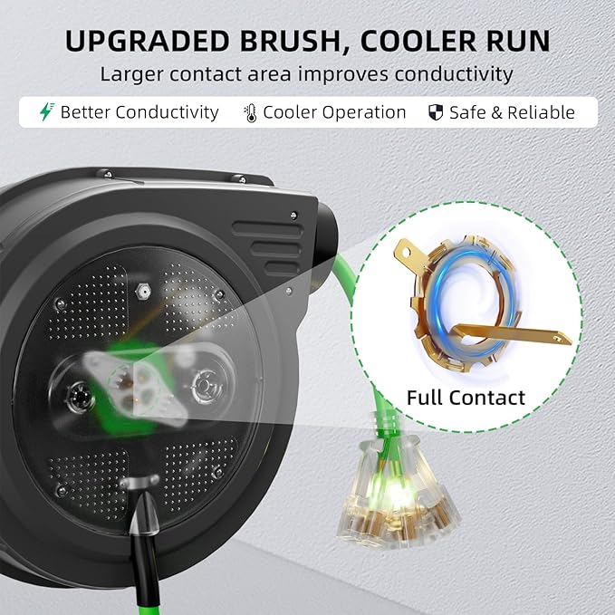 80FT Retractable Extension Cord Reel, 14 AWG/3C SJTOW Heavy Duty Power Cord with Lighted Triple Outlet, 13A Circuit Breaker, 180° Swivel Wall/Ceiling Mount Retractable Cord Reel, ETL Listed, Green