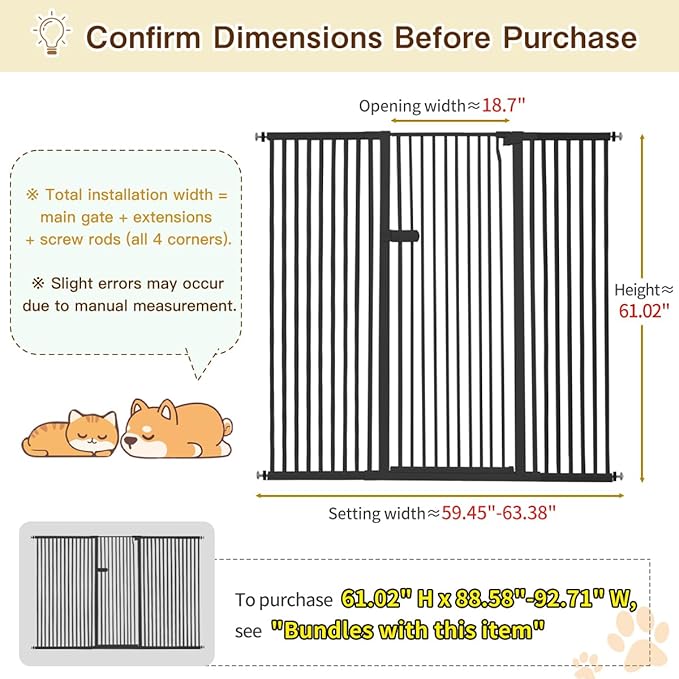 Lumizone Extra Tall Cat Gate 61.02" High Pressure Mounted Extra Wide 2025 New (17 Sizes) 1.37" Gap No Drilling Auto-Close One-Handed Operation Tall Pet Gate for Dogs(Black, 61.02" H x 59.45"-63.38" W)