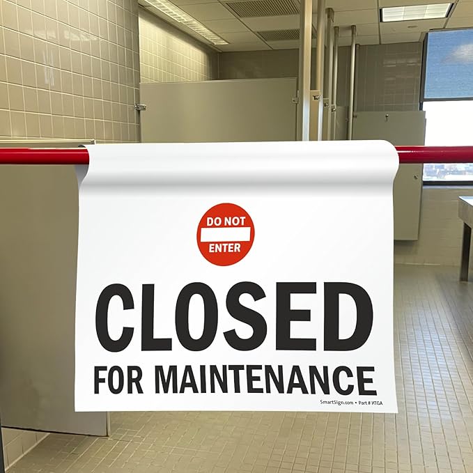 SmartSign 3-Pack 'Closed For Maintenance' Hanging Doorway Barricade Sign with Symbol, Spring-loaded Aluminum Pole, Torsion Pole and 11.25" x 18" Vinyl Sign Kit, Black/White/Red, USA-Made