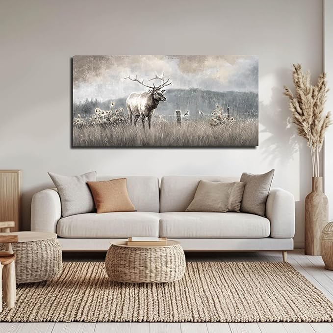 ZHENGYIN Large Bull Elk Wall Art, Deer Wildlife Canvas Print, Rustic Modern Farmhouse Wall Decor for Living Room Office, Above Sofa, 24x48 Inch
