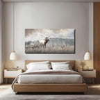 ZHENGYIN Extra Wide Panoramic Elk Canvas Wall Art,Western Deer Meadow Landscape Artwork, Neutral Misty Mountain Scene, Rustic Country Wall Decor for Great Room Living Room, Over Sectional, 29x58 Inch