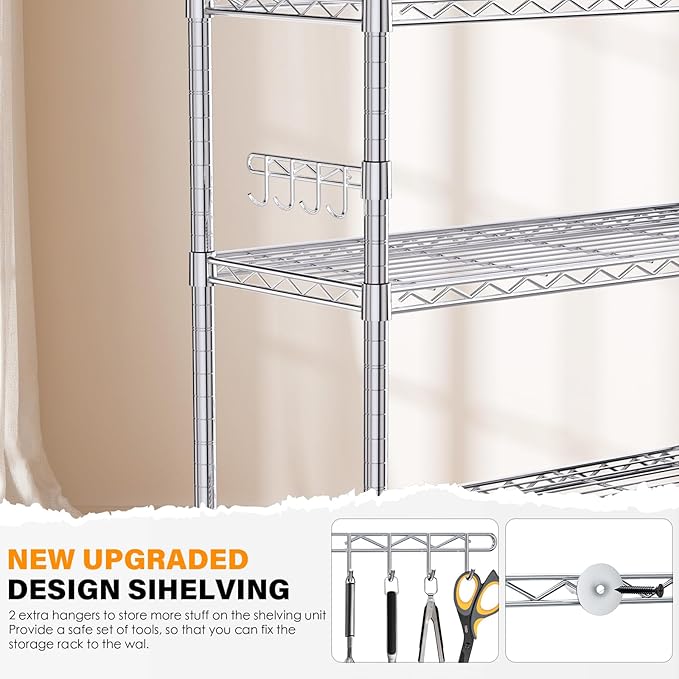 YNN Storage Shelves,6000Lbs 6 Tier Heavy Duty Metal Rolling Shelving Unit with Wheels & 8 Hooks, Adjustable Garage Wire Rack for Kitchen, Bathroom,Industrial,Pantry(36" W x 14" D x 72" H, Chrome)
