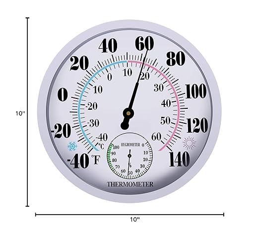 Indoor Outdoor Thermometer Hygrometer, Lirches Outdoor Thermometer Large Numbers, Decorative Outdoor Thermometers for Patio, No Battery Needed Wall Thermometer Round 10" in Diameter