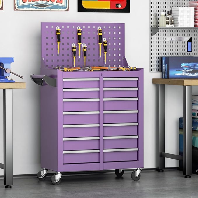 Greenvelly 7-Drawer Metal Tool Chest, Rolling Tool Chest with Wheels, Tool Cabinet with Detachable Top Tool Box, Metal Tool Cart with Liner & Hooks for Garage, Workshop, Warehouse (Purple)