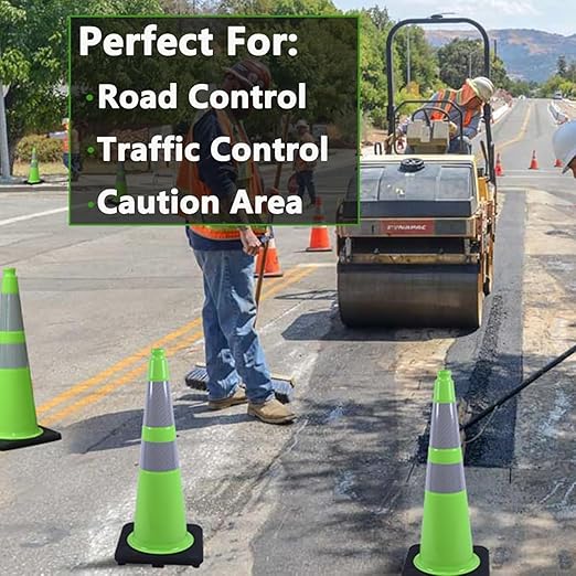BESEA 4PCS 28" inch Traffic Cones Green Safety Cones with 6 inch & 4inch Reflective Collar for Construction Driveway Road Parking Stopper