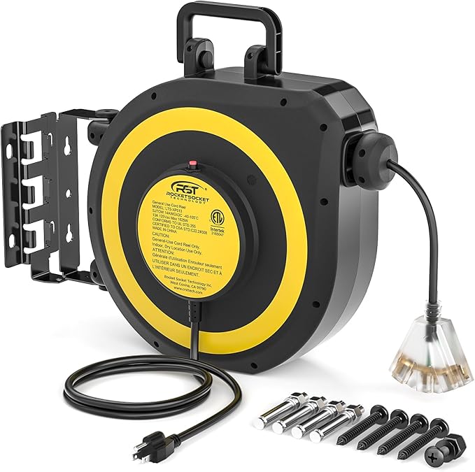 CRST 50 FT Retractable Extension Cord Reel, 14AWG/3C SJTOW Heavy Duty Power Cord with 3 Grounded Outlets Lighted Triple Tap, 13A Circuit Breaker, 180° Swivel Bracket, ETL Listed