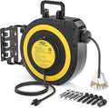 CRST 50 FT Retractable Extension Cord Reel, 14AWG/3C SJTOW Heavy Duty Power Cord with 3 Grounded Outlets Lighted Triple Tap, 13A Circuit Breaker, 180° Swivel Bracket, ETL Listed
