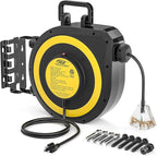 CRST 50 FT Retractable Extension Cord Reel, 14AWG/3C SJTOW Heavy Duty Power Cord with 3 Grounded Outlets Lighted Triple Tap, 13A Circuit Breaker, 180° Swivel Bracket, ETL Listed