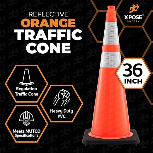 Xpose Safety 36 Inch Orange Traffic Cones with 6" & 4" Collars, 48-Pack - Multipurpose PVC Plastic Safety Cone for Parking, Soccer, Caution, Kids and Construction - DOT Approved