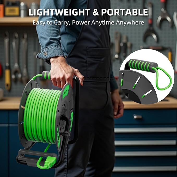 60 FT Retractable Extension Cord Reel, 14AWG SJTOW Heavy Duty Power Cord with 4 Grounded Outlets, USB-A & USB-C Ports, 13A Circuit Breaker, Hand Crank for Indoor Outdoor Use, ETL Listed, Green