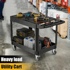 2 Tier Rolling Utility Cart on Wheels, 1000 lbs Capacity Flat Top Plastic Service Cart with Lipped Shelves, 46 x 26-Inch Heavy Duty Work Cart for Warehouse, Garage, Cleaning, Black