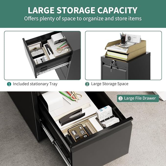 4 Drawer Metal File Cabinet with Lock, Wide Office Steel Filing Cabinet, Mobile Storage Organizer for Letter Legal Files, Home Office School Tool Storage Cabinet, Black