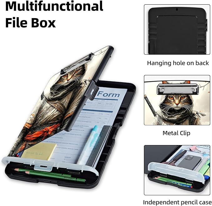 Clipboard with Storage Box & Pen Holder,Heavy Duty Clip Boards 8.5x11 for Nursing,High Capacity,School & Office Supplies,Samurai Cat