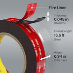 Double Sided Heavy Duty Tape, Made of 3M VHB Tape, 16.5 FT × 0.94 in Mounting Adhesive Foam Tape Waterproof High Temperature Resistant for Automotive LED Strips Home Office Decor Indoor Outdoor