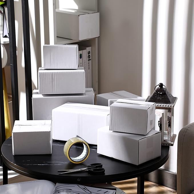 Outus 32 Pack 4 Sizes Shipping Boxes Mailers Corrugated Cardboard Box Kraft Mailing Boxes Small Packing Box with Packaging Tape for Shipping Packing Mailing (White)