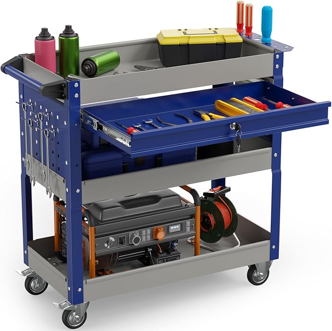 3 Tier Rolling Tool Cart on Wheels, 450 LBS Capacity Tool Cart with Drawers, Heavy Duty Rolling Utility Cart on Wheels, Rolling Tool Work Carts for Garage, Warehouse and Repair Shop,Grey Blue