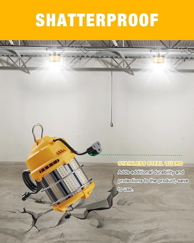 60W LED Temporary Work Lights - Construction Lighting Temp High Bay Fixture, Hanging Temporary Work Lights for Workshop Jobsite
