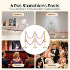 6-Piece Gold Stanchion Posts, Stanchions with Red Velvet Ropes Set & Ball Head with 4 Universal Holes, Stainless Steel Gold Stanchions for Party, Museums, Wedding, Easy Connect Assembly