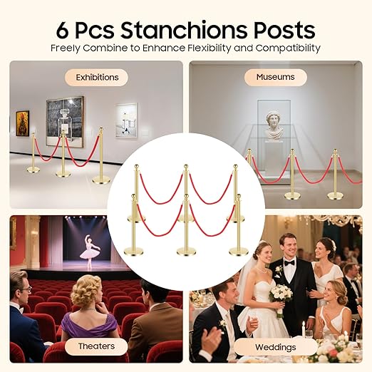 6 Pcs Stanchions with Red Velvet Ropes Set, 4 Red Velvet Ropes and 6 Posts Poles, Hollow Base with Stainless Steel Post for Red Carpet Party Decoration Crowd Control Barriers (Golden)
