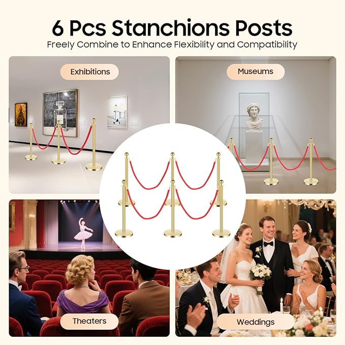 6 PCS Gold Stanchion Posts,Red Carpet Safety Barrier,Crowd Control Barriers,5 ft Red Velvet Rope Carpet Ropes,Stainless Steel Gold Stanchions,Line Dividers for Parties,Weddings,Museums
