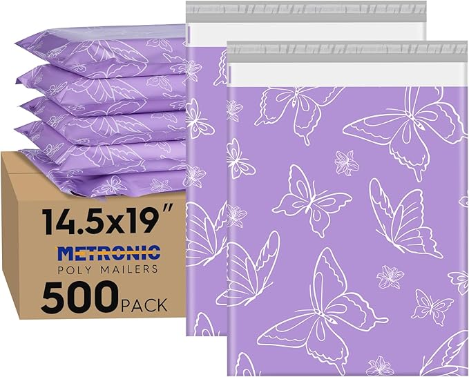 Metronic Poly Mailers 14.5x19 Inch 500pc Shipping Bags for Clothes,Self Adhesive Shipping Envelopes for Small Business,Waterproof Mailers Poly Bags for Shipping,Packaging Mailing Bags Purple Butterfly