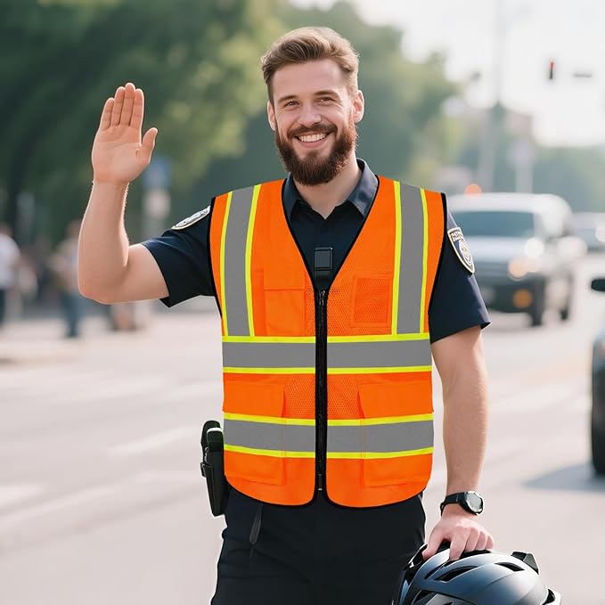 High Visibility Vest for Men Women 5 Pockets Safety Vest with Reflective Strips, Hi Vis Vest with Mesh Fabric, Breathable, (GR720-Orange,M).