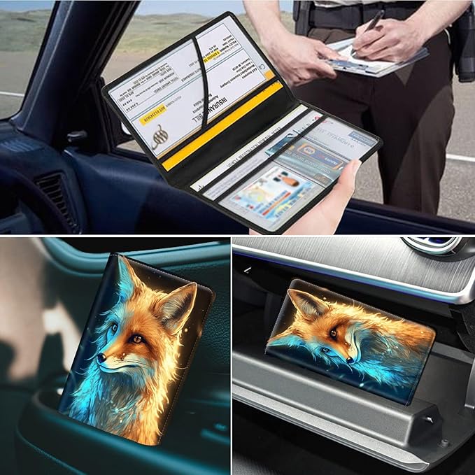Car Registration and Insurance Holder, Leather Car Glove Box Organizer, Cool Car Accessories for ID, Driver's License Cards & Essential Document,business cards,Men&Women,Purple Yellow Fox