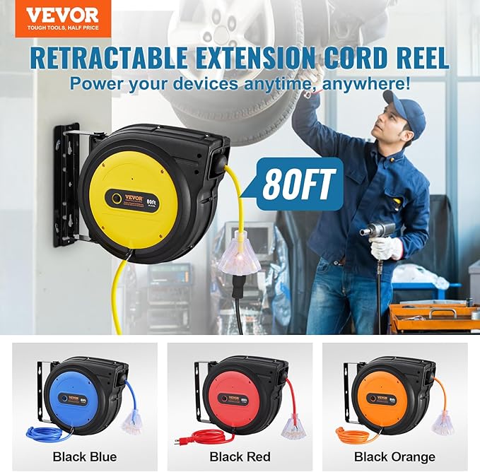 VEVOR 80FT Retractable Extension Cord Reel, 12AWG/3C SJTOW Heavy Duty Power Cord w/Lighted Electrical Triple Tap Outlets, 15A Circuit Breaker,180° Swivel Bracket for Workshop or Garage, Yellow
