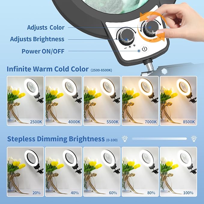 HITTI 12X Magnifying Glass with Light, 2025 New Upgrade Infinite Color and Stepless Dimming Desk Large Lamp & Clamp, 2-in-1 LED Hands Free Lighted Magnifier Stand for Crafting Hobby Soldering Reading