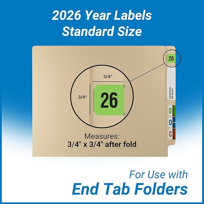 2026 Year Stickers, Doctor Stuff 2026 Chart Stickers, Fluorescent Green Color Coded, USA Made Year Labels for End Tab File Folders, 500 Labels/Roll in a Dispenser Box, 3/4" x 1-1/2"