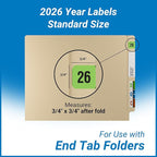 2026 Year Stickers, Doctor Stuff 2026 Chart Stickers, Fluorescent Green Color Coded, USA Made Year Labels for End Tab File Folders, 500 Labels/Roll in a Dispenser Box, 3/4" x 1-1/2"