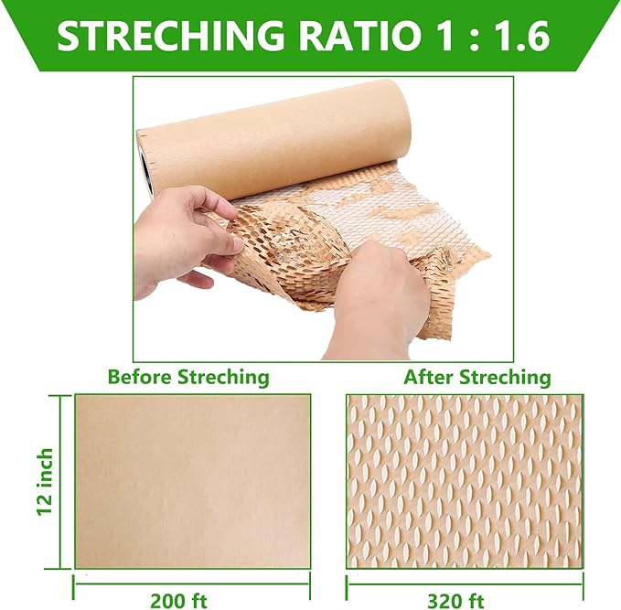 Honeycomb Packing Paper Wrap 12"x200' Recycled Bubble Cushioning Wrap Roll Eco Friendly Shipping Boxes Moving Wrap Packing Supplies Material with 20 Fragile Sticker Labels