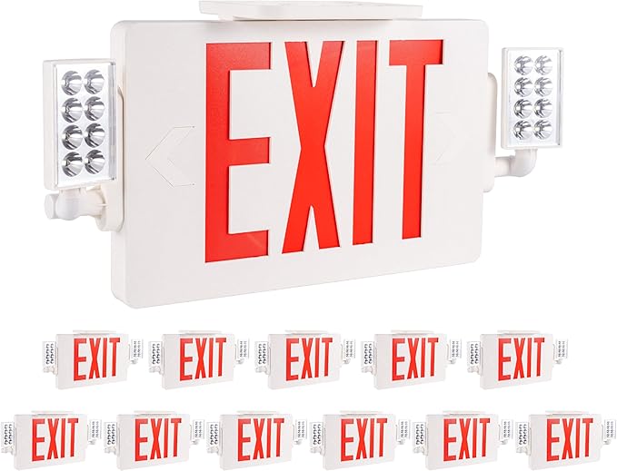 Gruenlich LED Combo Exit Sign, Emergency Light with 2 Adjustable Heads and Double Face, Back Up Batteries- US Standard Red Letter EXIT, UL 924 Qualified, 120-277 Voltage, 12-Pack