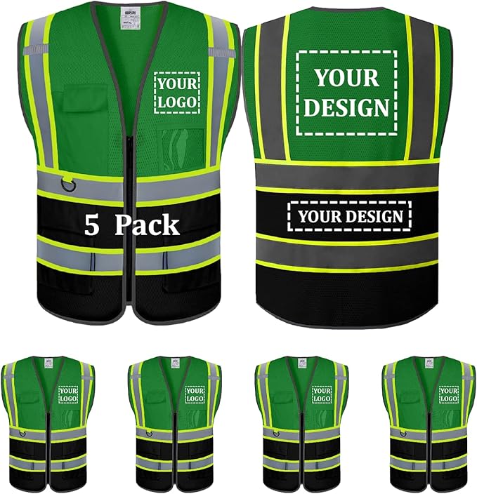 5 Pack Custom Safety Vest Customized Logo Mesh Vest Class 2 High Visibility Reflective Vest with Pockets Workwear（Green Black，M ）