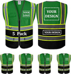 5 Pack Custom Safety Vest Customized Logo Mesh Vest Class 2 High Visibility Reflective Vest with Pockets Workwear（Green Black，XL ）