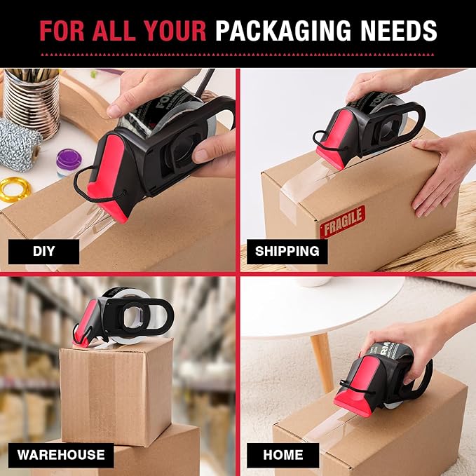 Packing Tape Dispenser - Heavy Duty Shipping Tape Dispenser for Boxes, Refillable, Fits Standard Bulk Tapes Up to 2" Wide - Razor-Sharp Cutting Packaging Tape Dispenser (1-Count)