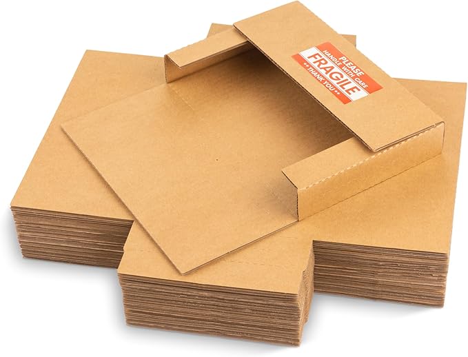 50 Pack 9x6x1.3 inch Corrugated Cardboard Boxes, Multi-Depth CD DVD Shipping Boxes with Fragile Stickers for Mailing, Storing, Packaging, Brown