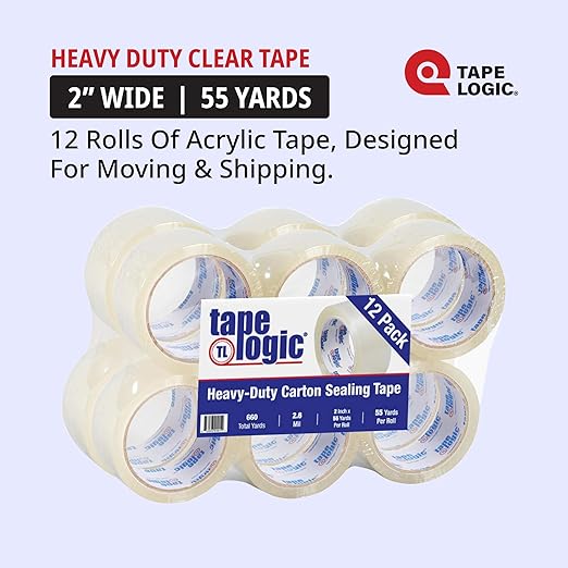 Tape Logic 2" x 55 yds Acrylic Packing Tape 2.6 Mil, Clear (12-Pack) Heavy Duty Packing Tape Rolls for Sealing Boxes at Home, Warehouse, & Office, Supplies for Packaging, Shipping, Moving