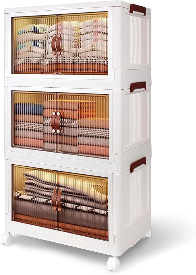 4 Tier Plastic Stackable Storage Bins and Boxes Organizer, Foldable Containers, Stackable Closet Organizers, Collapsible Boxes, White (3 Tier, 25.8″)