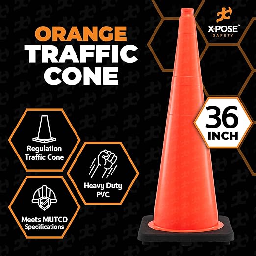 Xpose Safety 36 Inch Orange Traffic Cones, 4-Pack - Multipurpose PVC Plastic Safety Cone for Parking, Soccer, Caution, Kids and Construction - DOT Approved