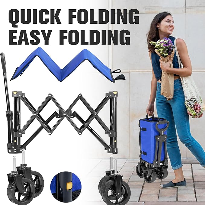 Wagon Cart Shopping Foldable Folding Collapsible with Wheels Big On Beach Garden Outdoor Grocery Heavy Duty Utility All Terrain Portable Wagons Carts for Groceries Sand Camping Sports Blue