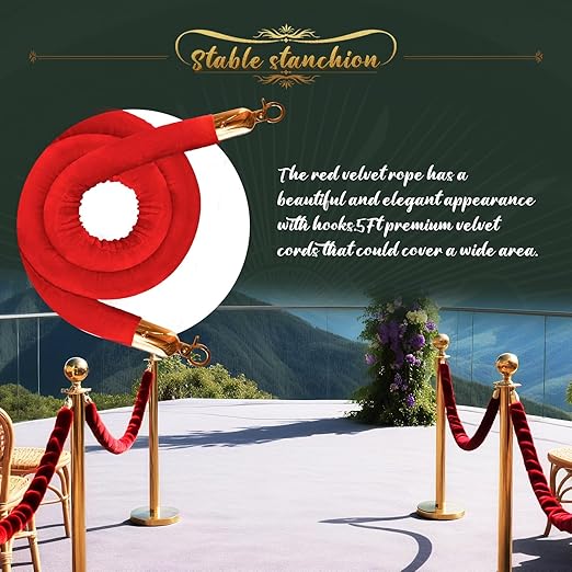 8Pcs Gold Stanchion Post Queue Velvet Ropes and Posts with Soild Base and 4pcs 5 Ft Red Velvet Ropes Carpet Ropes Posts Stanchion Set Crowd Control Barriers for Party Supplies