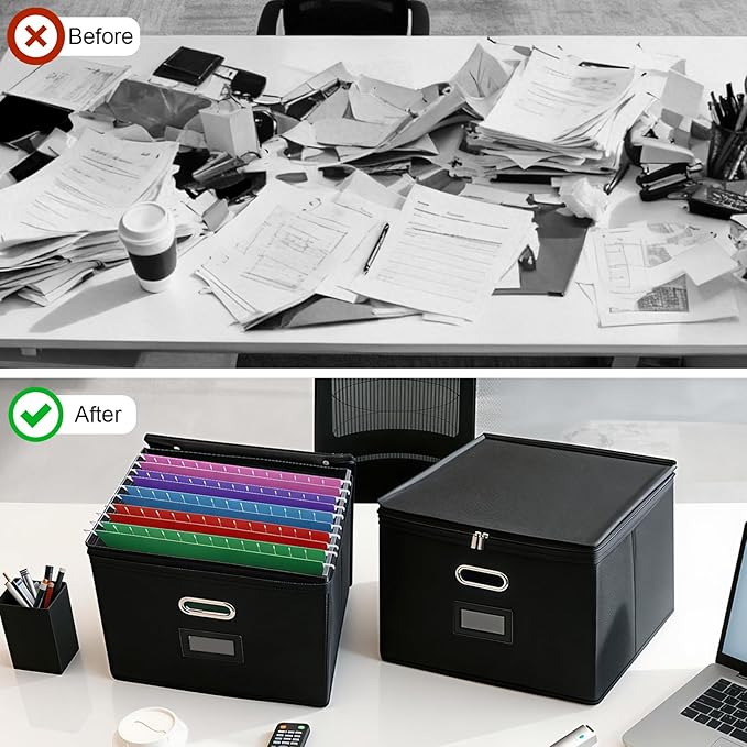 4 Pack Large File Organizer Boxes with Lids, Document Organizer Box with Mesh Pockets & Zippers for Letter/Legal Size Folders, Collapsible File Storage Box (Black, Without Folders)