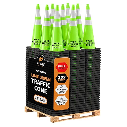 Xpose Safety 36" Lime Traffic Cones 6" & 4" Reflective Collar - Bulk Full Pallet 252 Pack - Premium PVC Safety Cone for Parking, Caution, Construction, Road Crews, Emergency Vehicle - DOT Approved