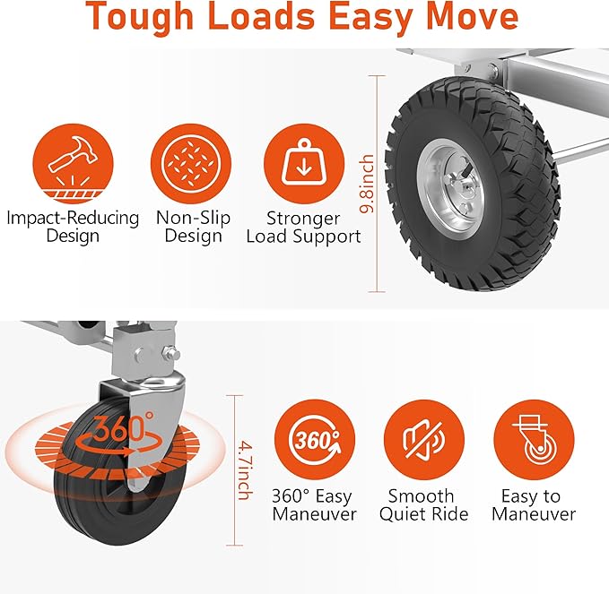 1000 LBS Dolly Cart with Wheels, 4 in 1 Folding Hand Truck, Stainless Steel Heavy Duty Industrial Convertible Hand Cart, Utility Collapsible Hand Truck Dolly for Warehouse, Home, Office, Etc