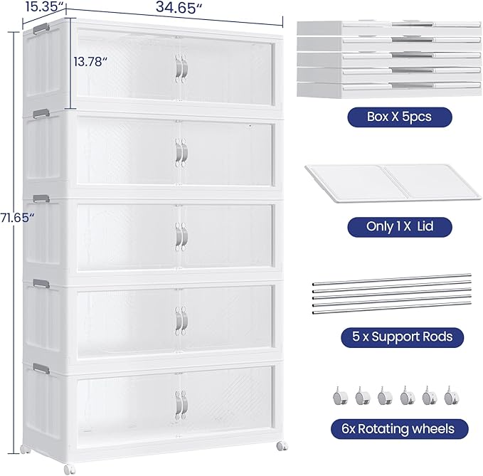 300GAL Plastic Storage Bins with Lid, 1200QT Extra Large Stackable Closet Organizers and Storage, Collapsible Storage Boxes with Wheels, Folding Cabinet for Home Kitchen Office, 5Pack White