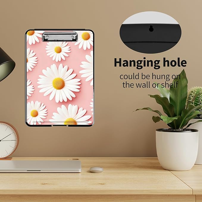 A4 Clipboards,Heavy Duty Waterproof Nursing Plastic Folder Clipboard with Storage Clip Boards,File Folder Storage Box Clipboard Case for Teacher,Doctor,Offices,Pink Daisy