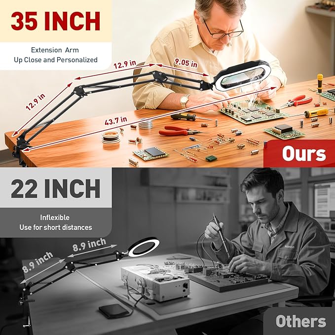 12X Large Desk Magnifying Glass with Light, Extra-Long Arm Rectangular Magnifying Lamp with 4-Way Clamp, 5 Color Dimmable LED Lighted Magnifier for Crafts Soldering Workbench Reading Sewing
