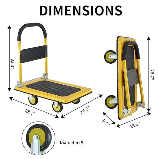 Foldable Push Cart Dolly, Heavy Duty Flat Bed Cart with Wheels & Non-Slip Mat, 360° Mute Wheels for Easy Maneuver, 330lbs, Easy to Assemble – Ideal for Household Tasks, Grocery Delivery, Yellow